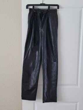LaMatta Black Leather Pants with Belt, Made in Italy, Size 38